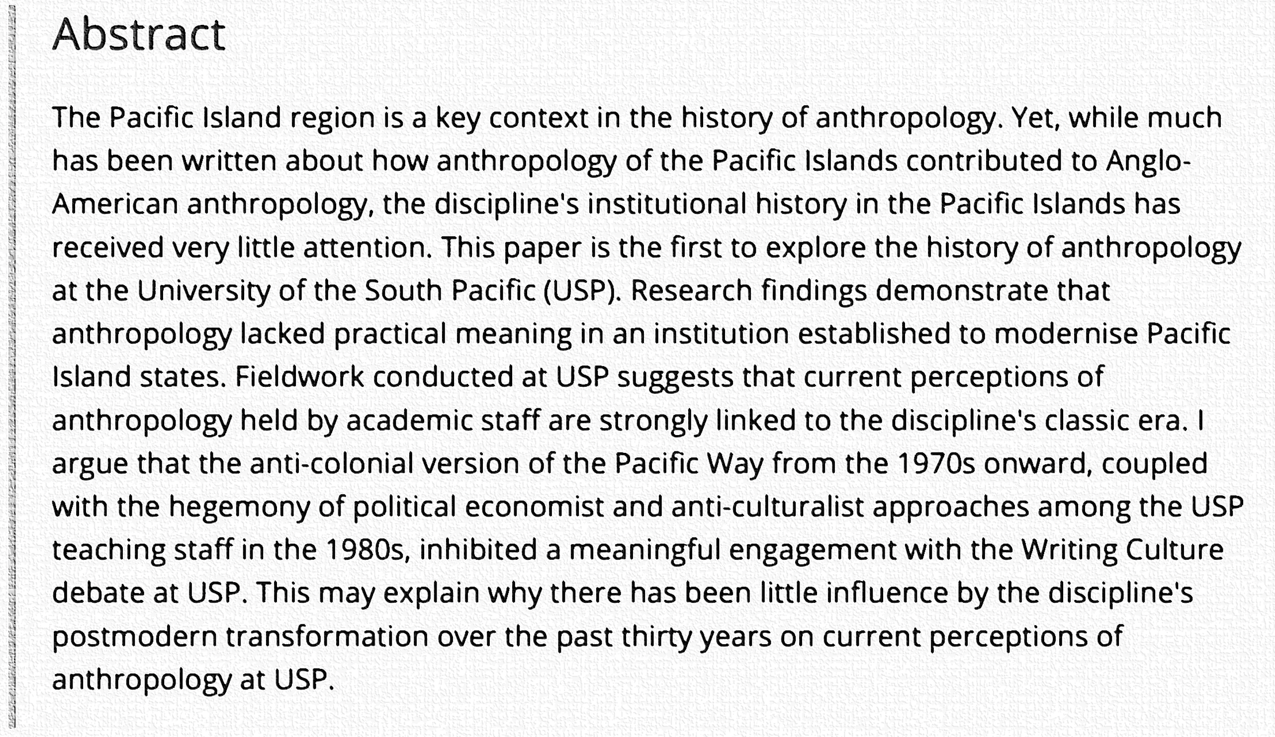 Journal article by Kim Andreas Kessler about Anthropology at the University of the South Pacific (USP)